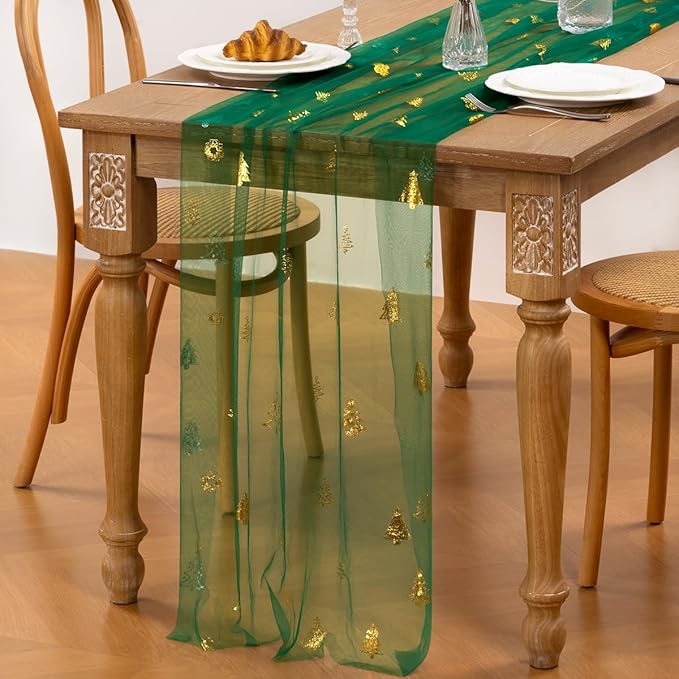 Emerald Green Gold Table Runner for Christmas Sheer Gauze Cheesecloth 120 Inch with Glitter Holiday Party Decor for Family Gatherings Dining Table Home Celebration