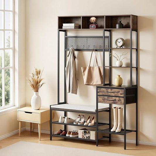 VEVOR Hall Tree with Bench and Shoe Storage, Entryway Bench with Coat Rack, 2 Drawers, 3 Storage Cubbies, 3 Open Shelves, Coat Hooks with Soft Cushion for Entryway, Hallway