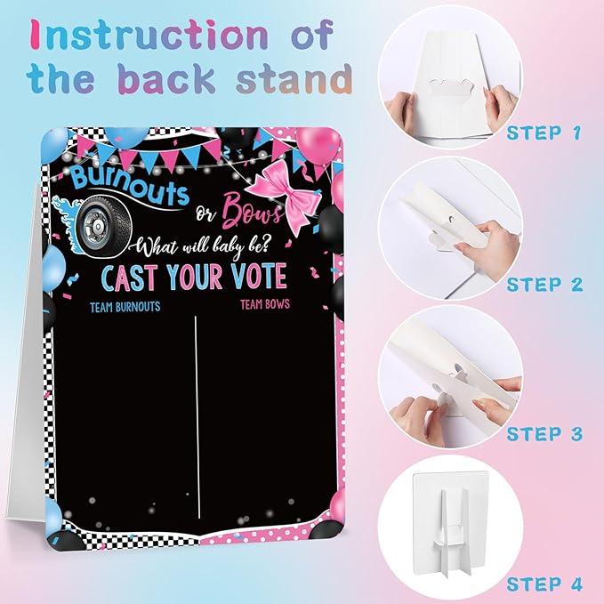 Poen Burnouts or Bows Gender Reveal Game Board with Stand, 60 Pink Bow & Cool Wheel Stickers, Cast Your Vote Baby Shower Party Supplies, Boy or Girl Guessing Game Decorations for Gender Reveal Party