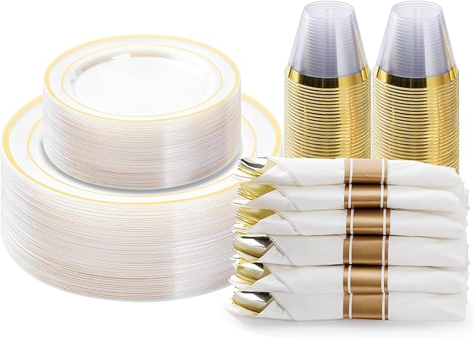 BESTVIP 175PCS Clear Gold Plastic Dinnerware Set, Disposable Party Plates for 25 Guests, Include: 50 Plastic Plates, 25 Pre Rolled Napkins with Silverware, 25 Cups for Christmas, Halloween