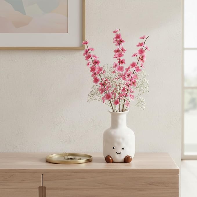 Handmade Ceramic Smile Vase-Cute White Ceramic Vase-White Modern Flower Vase-Round Aesthetic Table Flower Vase-Funny Decor AccentPot for Indoor and Outdoor vase