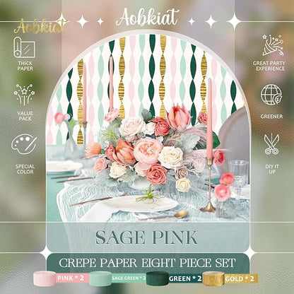 AOBKIAT Wedding Decor Sage Pink Gold Crepe Paper 8 pcs Streamers Party Decorations for Wedding,Rustic Bachelorette,Birthday,Bridal/Baby Shower,Anniversary Party Backdrop Decoration