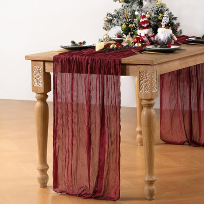 Burgundy Red Cheesecloth Table Runner Christmas Red Table Runner Boho Gauze 120 Inches Cheese Cloth Table Decor for Xmas Holiday Season Parties Weddings Candlelight Dinner