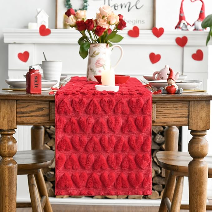 Artoid Mode Red Soft Plush Faux Fur Jacquard Heart Valentine's Day Table Runner, Seasonal Kitchen Dining Table Decoration for Home Party Decor 13x90 Inch