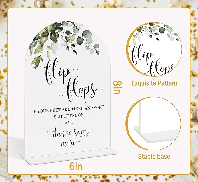 Wedding Signs for Reception, Green Leaves Flip Flops Sign, Wedding Reception Signage, Bridal Shower Table Decorations with Base, Dance Floor Accessories for Proposal, Bridal Shower Events Ceremony, 11