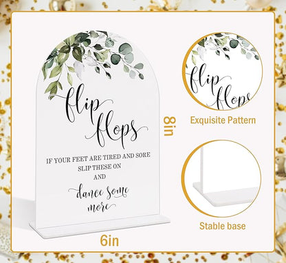 Wedding Signs for Reception, Green Leaves Flip Flops Sign, Wedding Reception Signage, Bridal Shower Table Decorations with Base, Dance Floor Accessories for Proposal, Bridal Shower Events Ceremony, 11