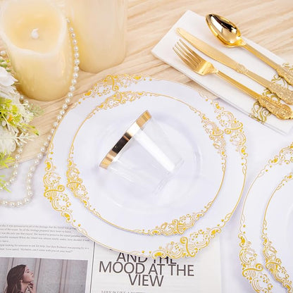 Hioasis 175pcs White and Gold Plastic Plates - Elegant Disposable Dinnerware Set Suitable for 25 Guests Include 10.25" Dinner & 7.5" Dessert Plates, Cutlery, Napkins, Cups for Party & Wedding