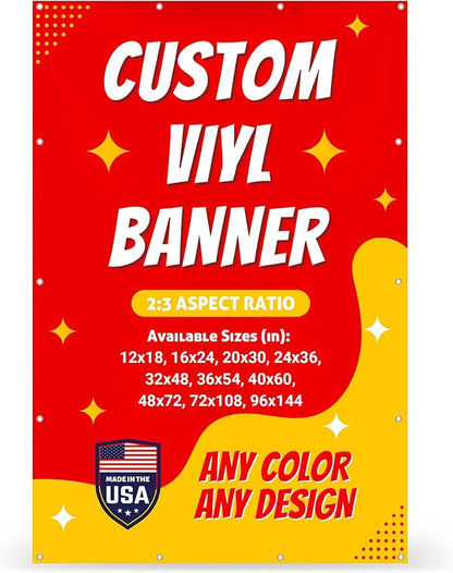 Custom Vinyl Banner with 150+ Sizes – Personalized Outdoor or Indoor Sign – Any Color & Design – Made in USA – Party, Business, Event Use