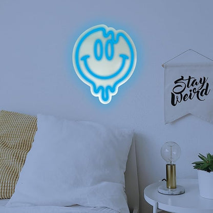 Smiley Face Neon Sign, LED Mirror Wall Light, Melting Smiley Face Decor for Girls, Cool Large Neon Sign for Room or Wall Decoration
