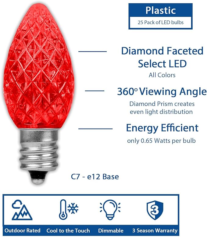 Novelty Lights 20CT Case (500 Bulbs) C7 LED Faceted Ultra Bright Dimmable Outdoor Christmas Light Replacement Bulbs, Red