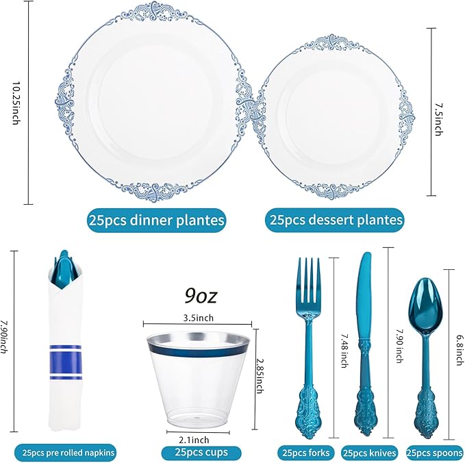 Hioasis 175pcs Clear Blue Plastic Plates - Elegant Disposable Dinnerware Set Suitable for 25 Guests Include 10.25" Dinner & 7.5" Dessert Plates, Pre Rolled Silverware Set, Cups for Party & Christmas