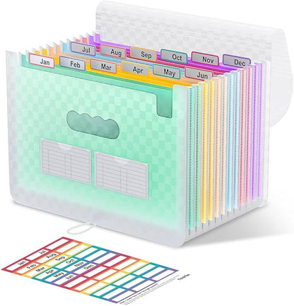 ThinkTex Accordion File Organizer, 12 - Pocket Expanding File Folders for Paper Receipts, Bills & Taxes Organizer, Letter/A4 Size Document Holder for School, Office, Home with Colorful tabs- Green