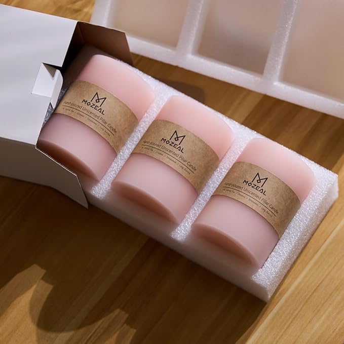 MOZEAL 3" x 6" Hand-Poured Unscented Candle, Dripless Pillar Candle Set of 3, Long Lasting Burning, Approx 120 Hours Burn Time, Rustic Country Style, for Bridal Showers, Soft Elegance, Pearl Blush