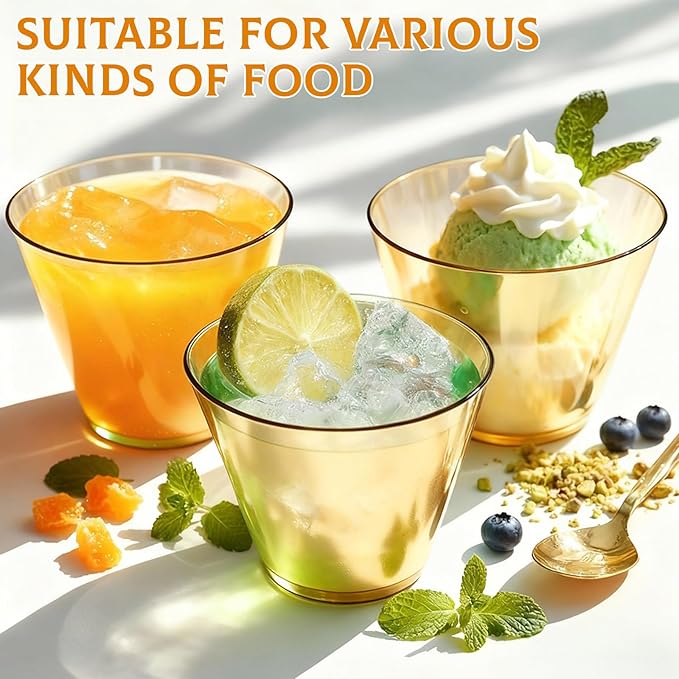 150 Pack Plastic Cups 9 oz Gold Clear Plastic Cups for Cocktail Fancy Disposable Cup for Party Stemless Wine Glasses for Wedding Thanksgiving Christmas Party Graduation