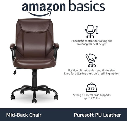 Amazon Basics Classic Puresoft PU Padded Mid-Back Office Chair with Armrest, Height Adjustable, Wheels, 25.75"D x 24.25"W x 42.25"H, Brown