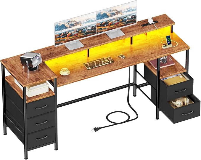 61 Inch Gaming Desk with Power Outlets and LED Lights, Reversible Computer Desk with 5 Fabric Storage Drawers, Home Office Desk with Monitor Stand for Working Writing Study, Rustic Brown
