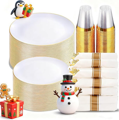 KIRE 350 PCS White and Gold Plates Disposable - Elegant Dinnerware Set of 50 Guest, White Plastic Plates With Gold Rim, Pre Rolled Napkins with Silverware & Cups for Thanksgiving Party/Wedding