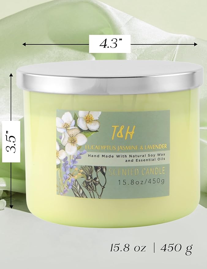 T&H Eucalyptus Jasmine Lavender 3-Wick Soy Candle 15.8 oz | Large Lavender Woods Scented Candle for Home | Aromatherapy Stress Relief Candle for Men & Women | Highly Scented, Long-Lasting Clean Burn