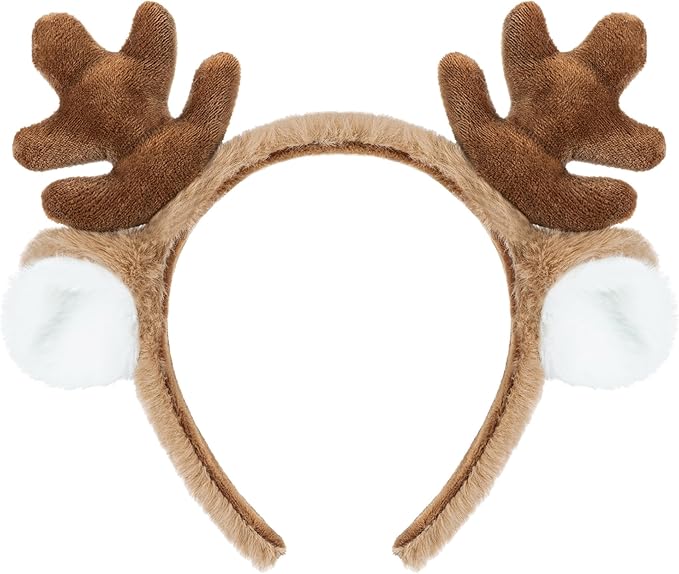 Edoneery Reindeer Antlers Headband for Women, Christmas Furry Deer Antlers Animal Ears Hairband for Cosplay Party Costume