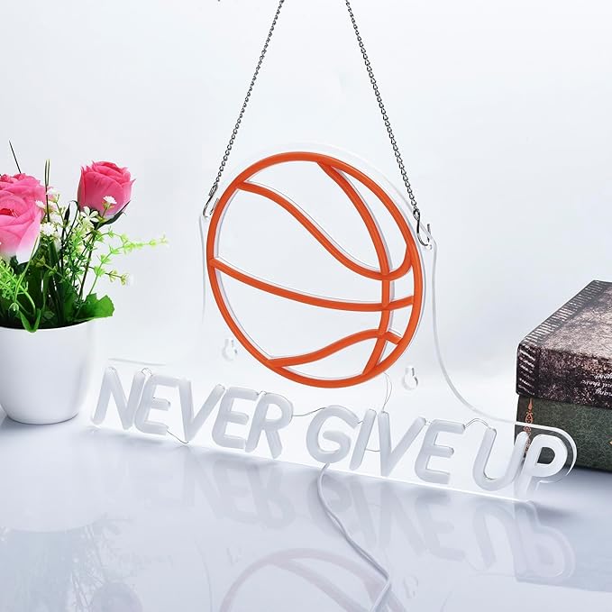 Never Give Up Basketball Neon Signs for Wall Decor,Dimmable LED Neon Light for Room Decor,Boys,Men,17x10.2 inch,5V USB Powered, Sports Neon Signs for Bedroom Classroom ManCave Bar
