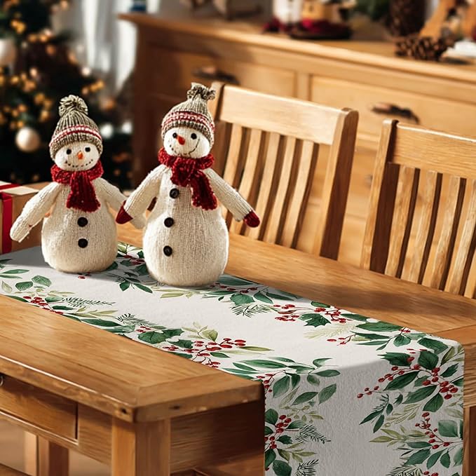 Christmas Table Runner 13x72 Inch Winter Holiday Greenery Red Berries Farmhouse Dining Table Decoration Burlap Tablecloth for Kitchen Dining Indoor Outdoor Christmas Party Home Decor