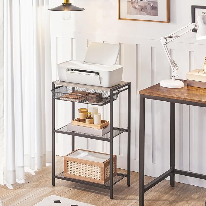 HOOBRO 28.7 Inch Tall Side Table, 3-Tier Industrial Telephone End Table with Adjustable Metal Mesh Basket, Desk Side Table with Storage Shelves, for Living Room, Bedroom, Office, Greige BG06DH01