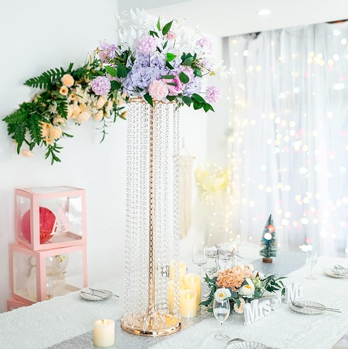 2Pcs 35.43in Tall Metal Wedding Centerpieces with Chandelier Acrylic Crystals Flower Stand, Elegant Wedding Centerpiece Decoration Leads Road Stands for Wedding Party Dinner Event Hotel Home Décor