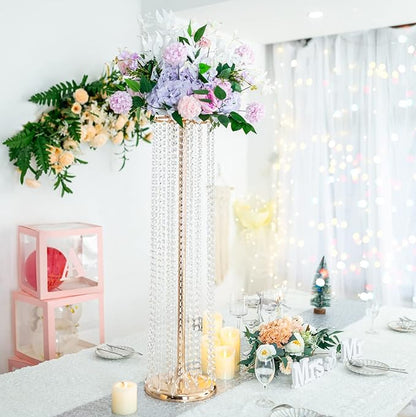 2Pcs 35.43in Tall Metal Wedding Centerpieces with Chandelier Acrylic Crystals Flower Stand, Elegant Wedding Centerpiece Decoration Leads Road Stands for Wedding Party Dinner Event Hotel Home Décor