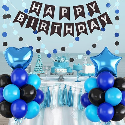 Blue and Black Birthday Party Decorations for Boys Men Royal Blue Black Balloon Set with Star Heart Foil Balloons Happy Birthday Bunting Banner Garland Navy Dark Light Baby Game Theme Party Decor Kit