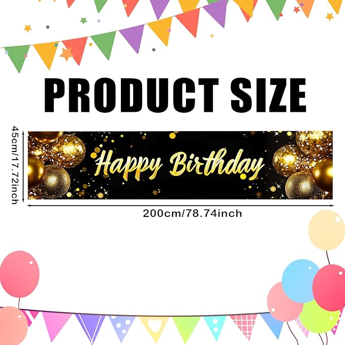 Nuxovilar Happy Birthday Banner Decorations 17.72x78.74 Inch Black Gold Balloon Theme - Polyester for Indoor Outdoor Birthday Party Decor