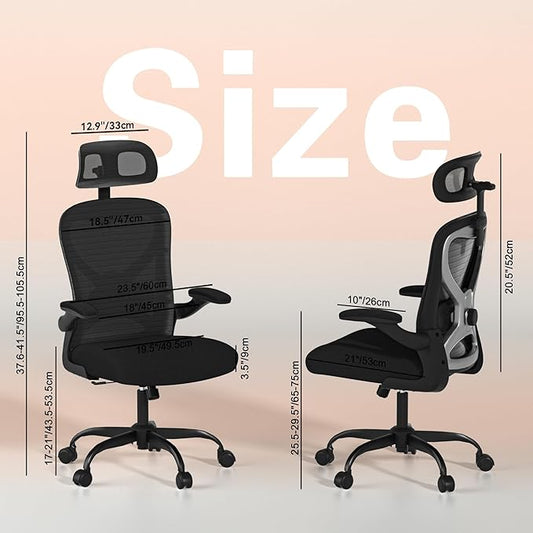 Ergonomic Office Chair, Mesh Desk Chair with Headrest, Lumbar Support, Thick Seat Cushion, Flip-up Arms, High Back Computer Task Chairs for Home Office, Black/Silver