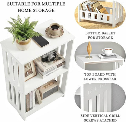 3-Tier End Table Nightstand White, Narrow Side Table with Storage Shelf, Small Bookshelf Bedside Table for Bedroom, Living Room, Office, Bathroom
