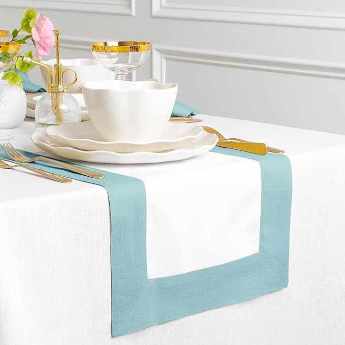 Solino Home Linen Table Runner 36 Inches - 100% Pure Linen Aqua Blue and White Short Table Runner 14 x 36 Inch Ideal for Dresser and Coffee Tables - Thanksgiving - Contempo