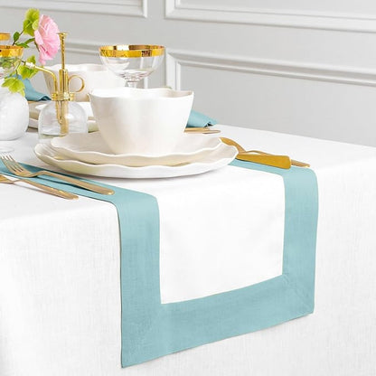 Solino Home Linen Table Runner 36 Inches - 100% Pure Linen Aqua Blue and White Short Table Runner 14 x 36 Inch Ideal for Dresser and Coffee Tables - Thanksgiving - Contempo