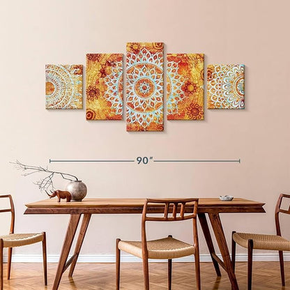 ElephantStock - Sun Like Mandala Symbols Wall Art - Horizontal Multi Panel Canvas - 5 Piece Living Room Wall Decor - Digital Art Elements Multi Piece Wall Art - Orange And Blue Decor - 92" x 42"