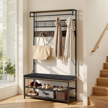 VEVOR Hall Tree with Bench and Shoe Storage, 2 Tier Entryway Bench with Coat Rack, Shoe Rack Storage Organizer with Soft Cushion, Hooks and Hanging Rod for Entryway, Hallway