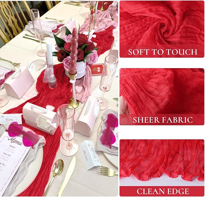 6 Pack Red Cheesecloth Table Runner Gauze Christmas Table Runner 35x120 Inch Rustic Boho Cheese Cloth Sheer Runner for Wedding Baby Shower Bridal Shower Birthday Party Holiday Decorations