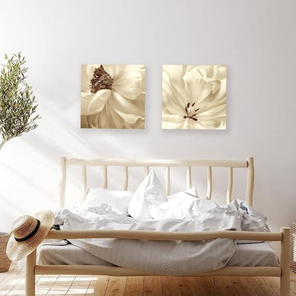 SEVEN WALL ARTS Flower Canvas Wall Art 2 Pieces Neutral Beige Floral Pictures Elegant Blossom Flowers Poster Print for Living Room Bedroom Office Boho Decor 24"x24"