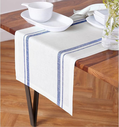Solino Home Striped Linen Table Runner 108 Inches Long - French Stripe 100% Pure Linen Navy and White Dining Table Runner 16 x 108 Inch - Handcrafted and Machine Washable