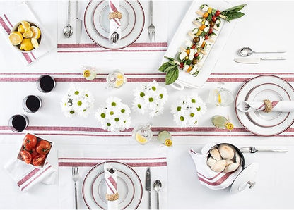 Solino Home Linen Table Runner 60 Inches - 100% Pure Linen Burgundy and White French Stripe Table Runner 14 x 60 Inch Ideal for Dresser and Coffee Tables - Fall, Autumn