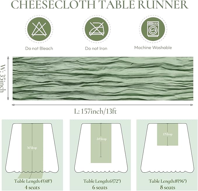 Cotton Sage Green Cheesecloth Table Runner, 13FT Cotton Table Runner Rustic Boho Green Cheese Cloth Runner for Wedding Bridal Baby Shower Table Decoration