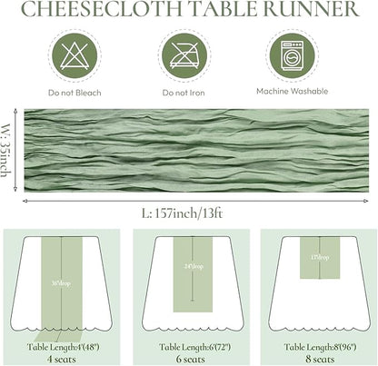 Cotton Sage Green Cheesecloth Table Runner, 13FT Cotton Table Runner Rustic Boho Green Cheese Cloth Runner for Wedding Bridal Baby Shower Table Decoration