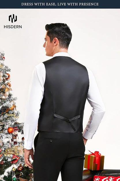 HISDERN Men's Suit Vest Christmas Holiday Season Party Jacquard Waistcoats Necktie Pocket Square Vest Suit Set