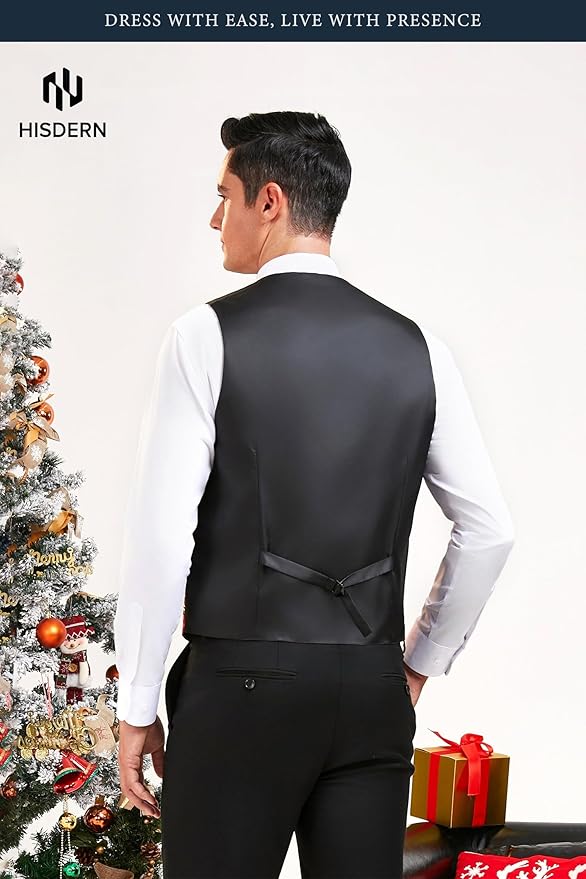 HISDERN Men's Suit Vest Christmas Holiday Season Party Jacquard Waistcoats Necktie Pocket Square Vest Suit Set