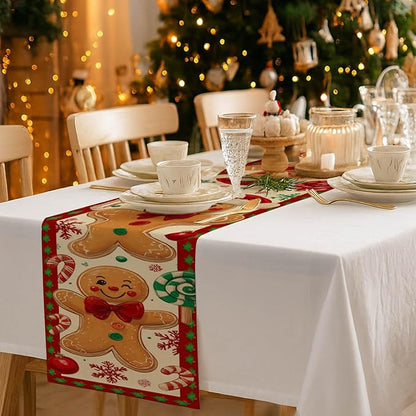 Christmas Gingerbread Table Runner 13x72 in Winter Table Runner Burlap Farmhouse Dining Tables Decoration with Candy Canes Red Green Christmas Design Holiday for Kitchen Dining Party Decor