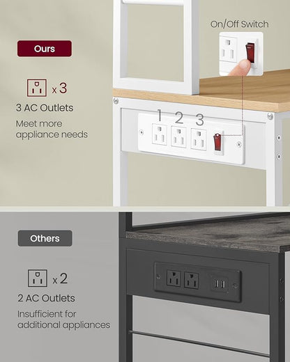 VASAGLE Bakers Rack with Power Outlet, 23.6 Inches Coffee Bar for Kitchen with Storage, 6-Tier Kitchen Shelves with 6 Hooks, Microwave Stand, Industrial, Golden Oak and Cloud White UKKS124Y03