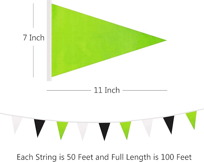 100 Ft White Black Green Pennant Banner Flag, 60 Pcs String Hanging DIY Bunting Flags for Party, School, Wedding, Carnival, Celebrations, Outdoor and Indoor Decorations (White Black Green)