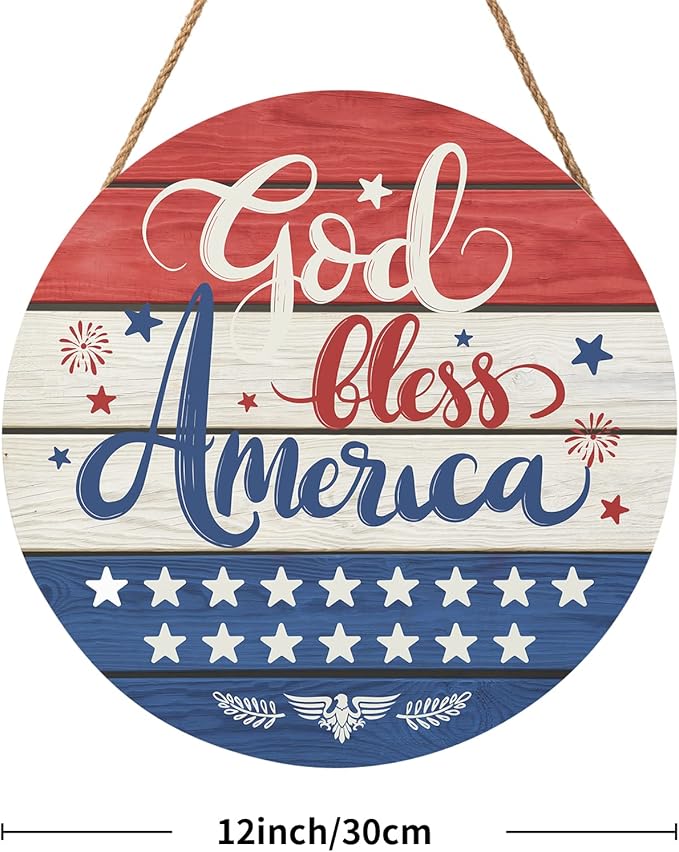 July Fourth Memorial Day Decorations Sign for Front Door Independence Day Patriotic Wreath Welcome Hanging Plaque God Bless America Round Wooden Hanger for Memorial Outdoor Decor 12”x 12”