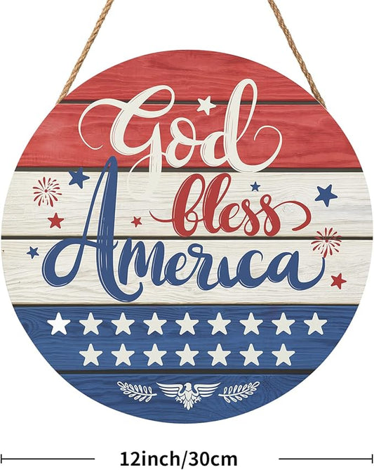 July Fourth Memorial Day Decorations Sign for Front Door Independence Day Patriotic Wreath Welcome Hanging Plaque God Bless America Round Wooden Hanger for Memorial Outdoor Decor 12”x 12”