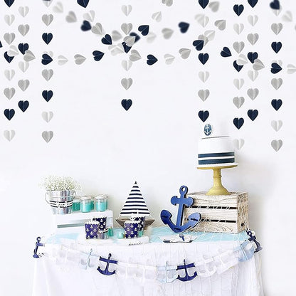 Navy-Blue White Silver 3D-Heart Garland - 39Ft Graduation Hanging Decoration Streamers Banner,Bridal Birthday Engagement Bachelorette Baby Shower Christmas Baby Shower Valentines Party Decor Ouruola